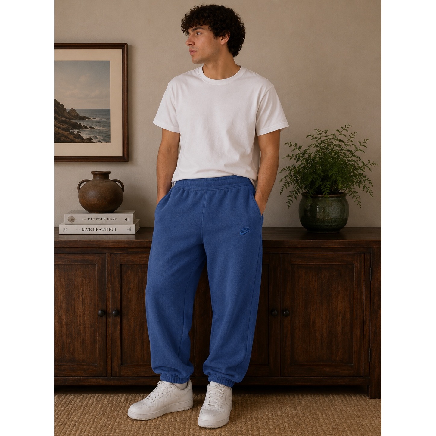 Vintage Nike Mens Blue Fleece Sweatpants Embroidered Logo Joggers Large 90s |K1